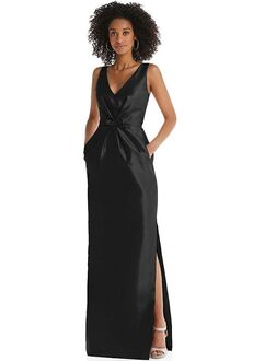 Dessy Group Pleated Bodice Satin Maxi Pencil Dress with Bow Detail - D810 V-Neck Bridesmaid Dress