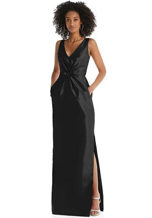 Dessy Group Pleated Bodice Satin Maxi Pencil Dress with Bow Detail - D810 V-Neck Bridesmaid Dress