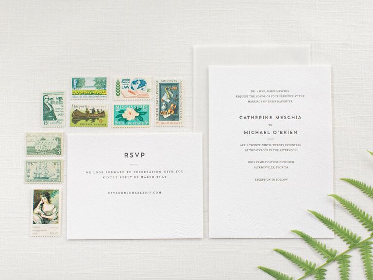 Minimalistic wedding invitation and RSVP card with nine postage stamps