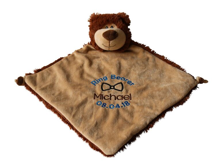 A brown bear baby blanket with personalized ring bearer embroidery from Etsy