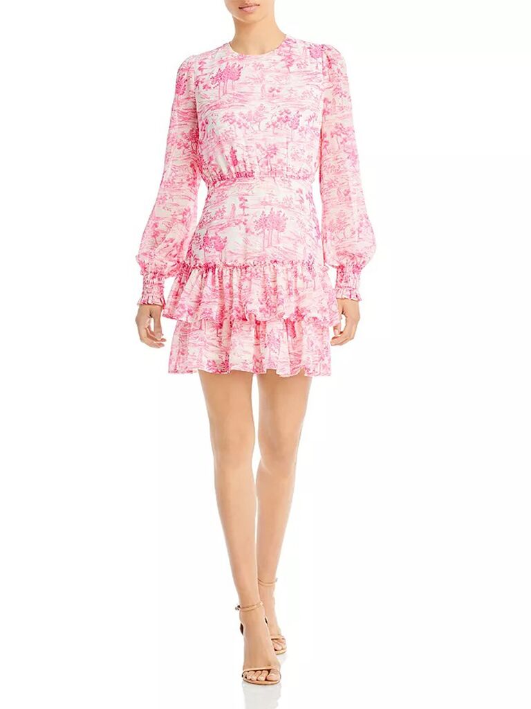bloomingdale's pink and white pastel mini dress for wedding guests with toile print and long puffy sleeves 
