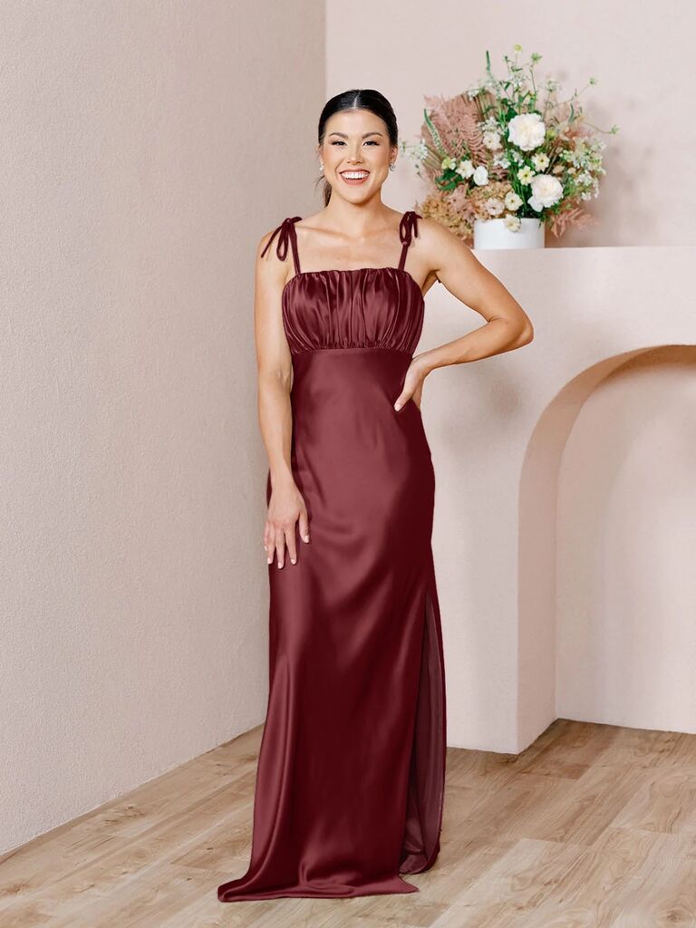 Burgundy satin dress with thin tie straps