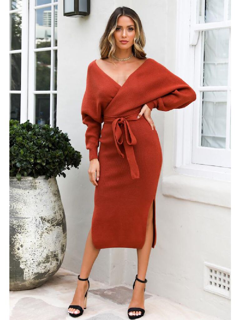 Red long sleeve sweater dress