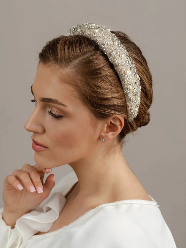 Beaded white bridal headband by Elena Honch. 
