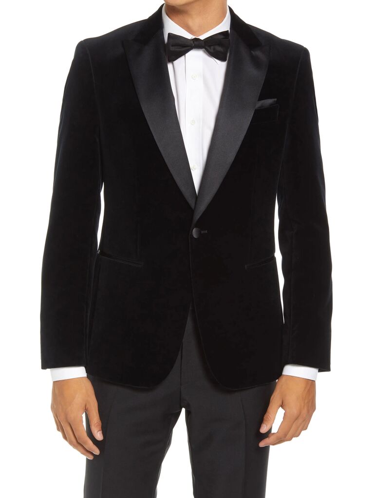 Boss black velvet tuxedo jacket for black-tie optional winter wedding