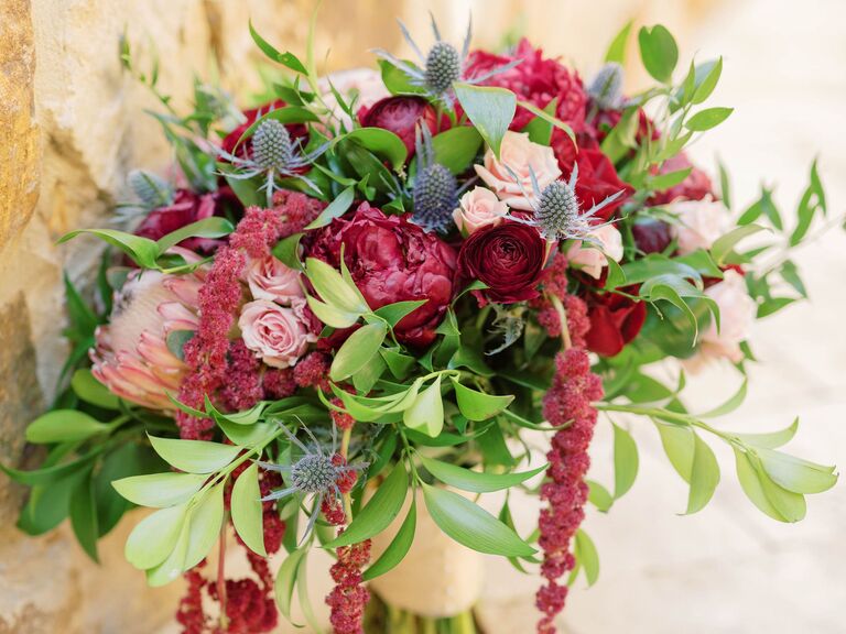 Stunning cascading amaranthus bouquet in jewel tones