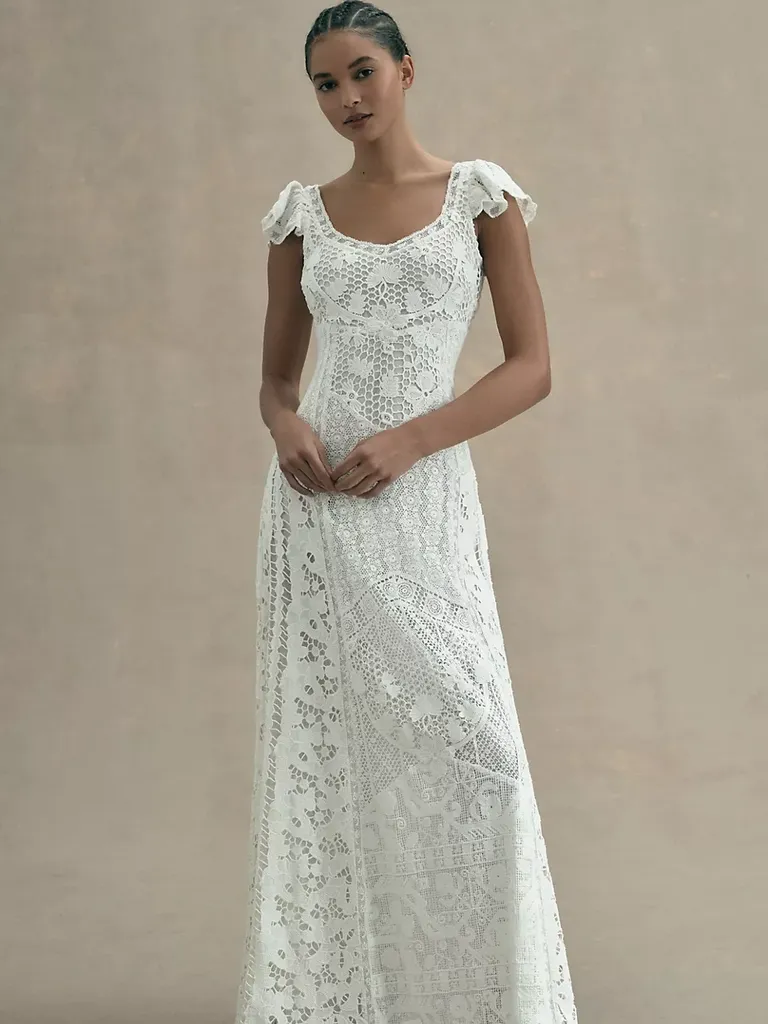 Flutter-Sleeve Lace A-Line Maxi Dress for older brides