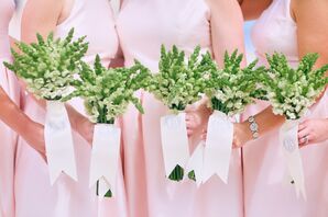 Bridesmaids in Pink Dresses with White Snapdragon Bouquets