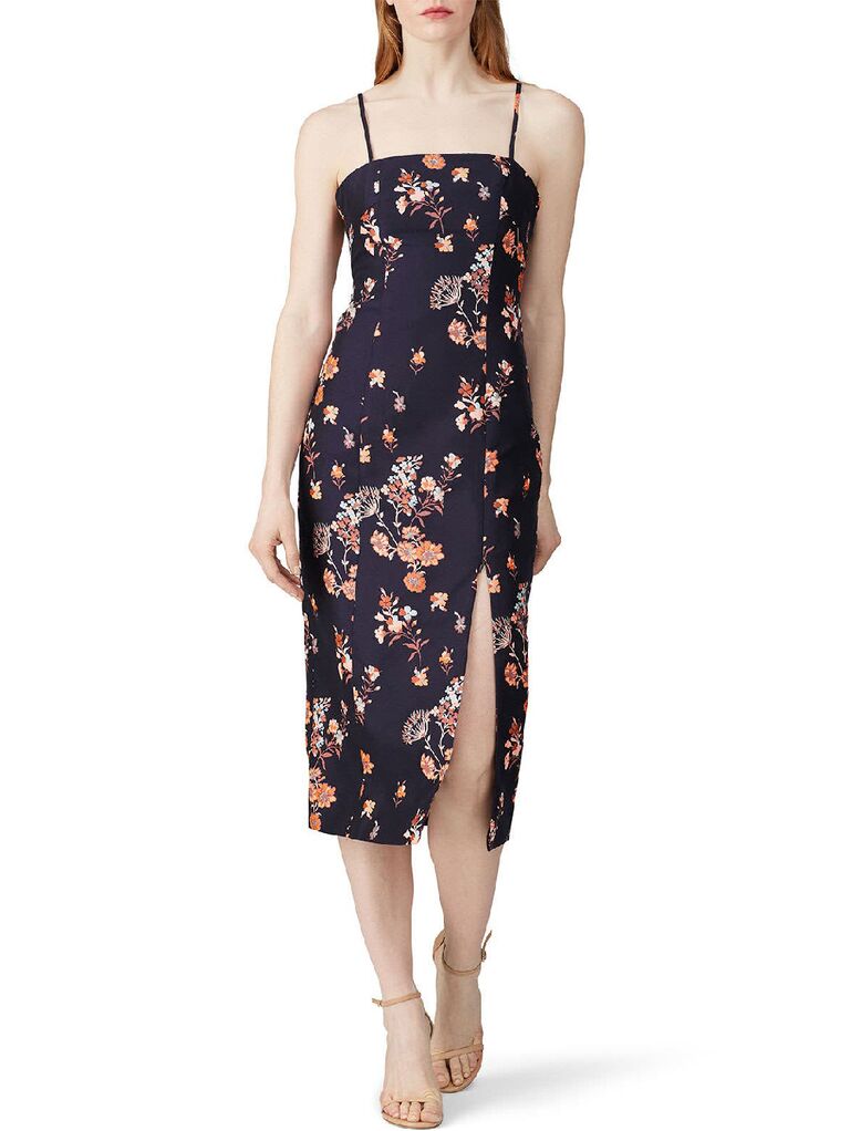 Dark floral print midi fall wedding guest dress