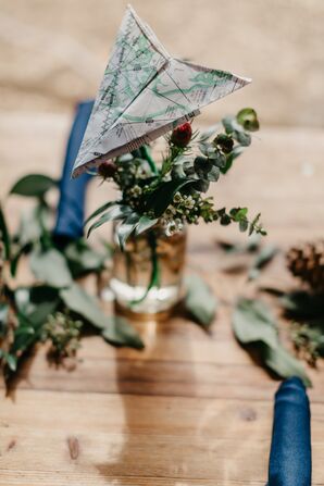 Bohemian Centerpieces with Greenery and Paper Airplane Map