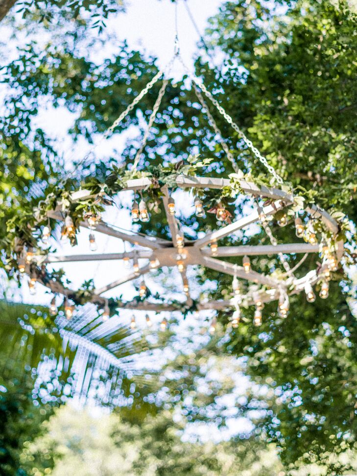 Hanging Wooden Chandelier with Greenery and Lights