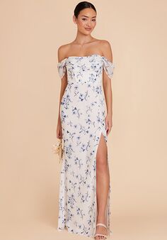 Birdy Grey Mira Chiffon Dress in Blue Le Fleur Off the Shoulder Bridesmaid Dress