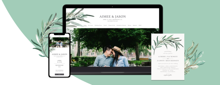 Lush Greenery design shown on various devices and a matching wedding invite card
