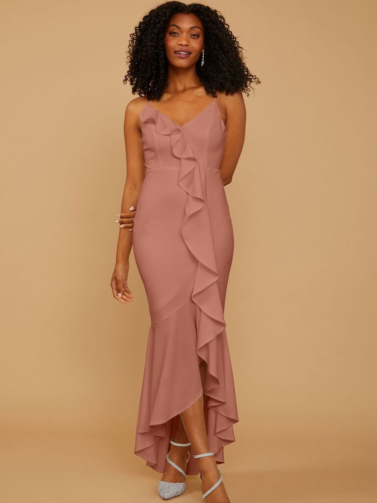 Dusty pink crepe midi bridesmaid dress