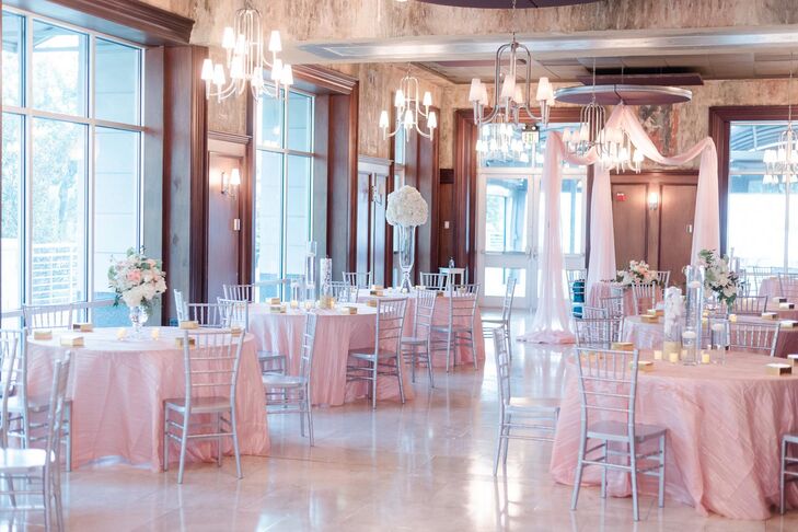 Blush-and-Silver Ballroom Reception Decor at Harborside East in Charleston, South Carolina
