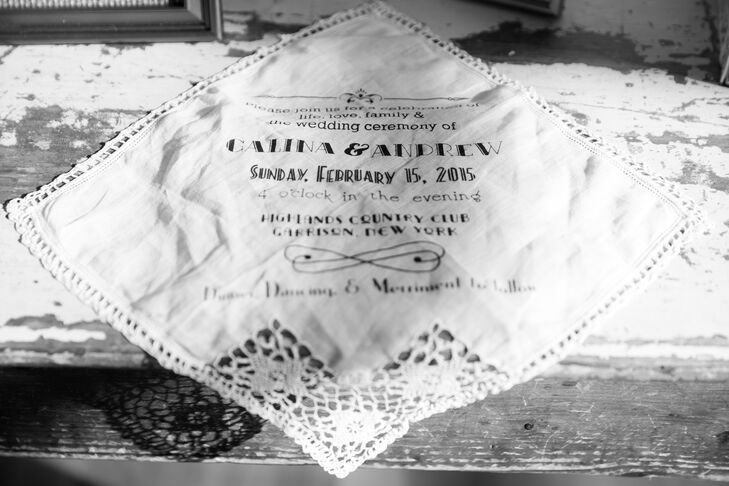 Many of the wedding's details were made by the couple themselves, including their wedding invitations. The invitations were made  from vintage handkerchiefs  that they personally screen-printed and tied together with a card they hand stamped and embossed.