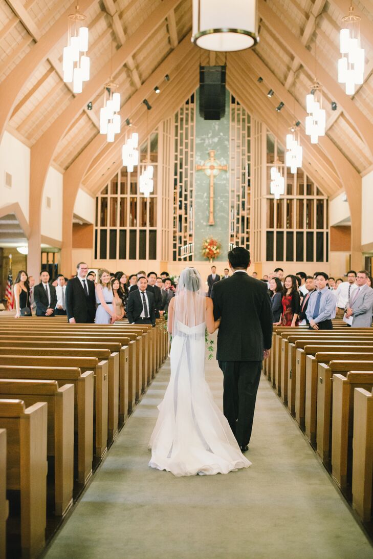 Jauchy and Jeff said their vows at the Presbyterian Church of Los Gatos. "We happened to drive by one day and stopped on a whim to take a peek," Jauchy says. "We immediately fell in love with the high vaulted ceilings, the organ pipes, the stained-glass windows and all the natural light that was pouring in."