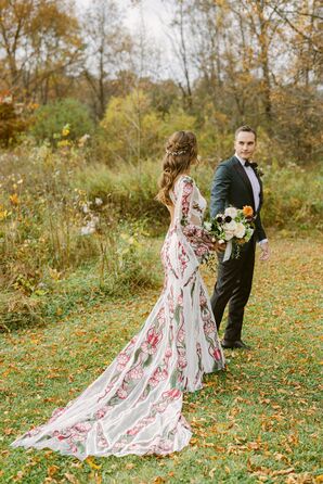 Bride in White, Magenta and Green Wedding Dress With Train, Half-Up Hairstyle and Groom