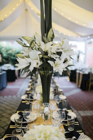White Lily Centerpiece in Trumpet Vase