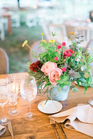 Fresh-Picked Flower Arrangements on Wood Farm Tables