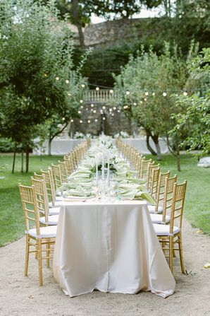 Long Reception Table With Taupe Linen and Gold Chairs