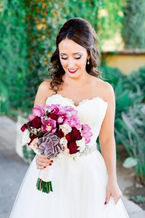 Bright, Colorful Bridal Bouquet With Succulents and Crimson Blossoms