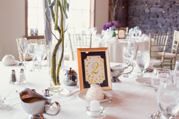 Wanting simple and formal stationery throughout their wedding, each table at Sarah and Matt’s wedding was accented with a gold and purple table number. Gold frames were paired with a gold dotted design surrounding the number for a fun touch. With a whimsical hydrangea centerpiece on each table, the numbers added a welcome, simpler touch.