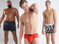 Three side by side images of men in Valentine's Day underwear