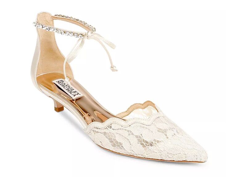 bloomingdale's badgley mishka cream lace wedding pump with kitten heel and jeweled ankle strap