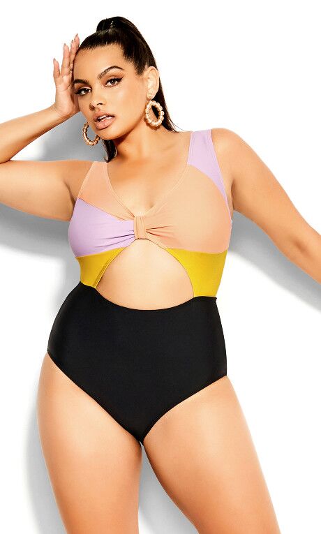 cutout one piece with color blocked top and black bottoms