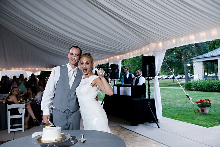Whimsical Bride and Groom Smash Wedding Cake at Tented Reception