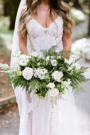 Lush Wedding Bouquet With Ferns and White Ranunculus