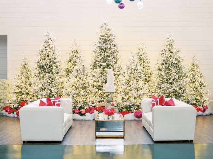 Winter Lounge Space With 9 Flocked Christmas Trees, Flowers and Ornaments