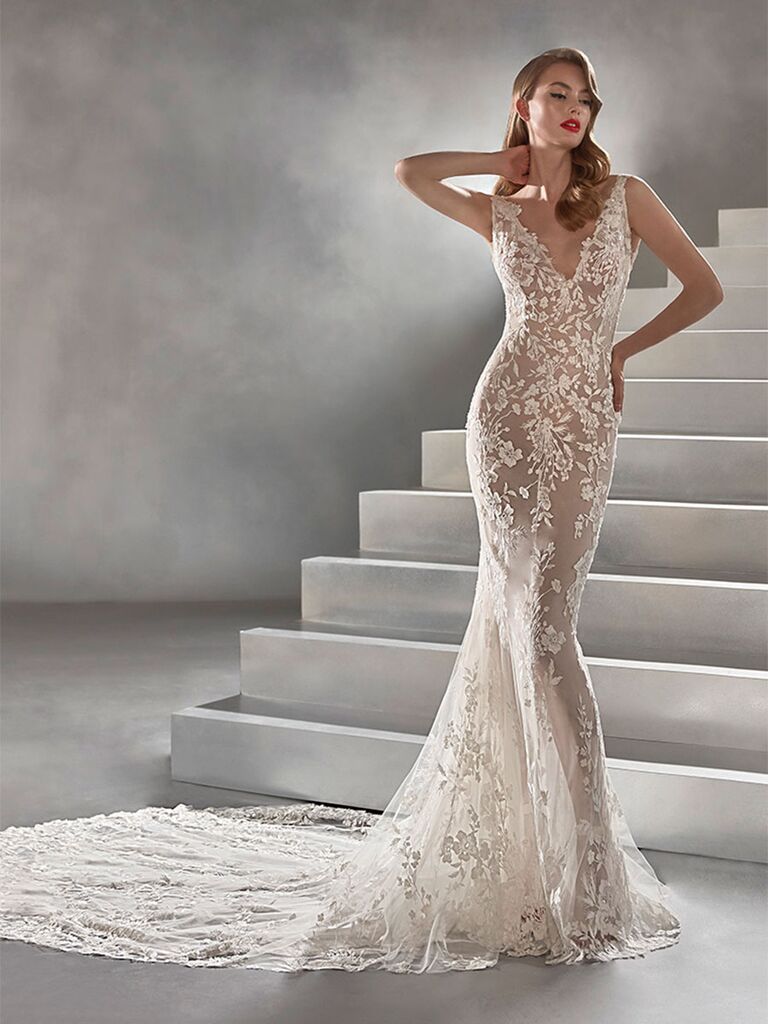 Atelier Provonias wedding dress sheer lace trumpet gown