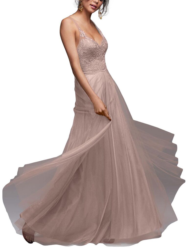 Long blush lace bridesmaid dress