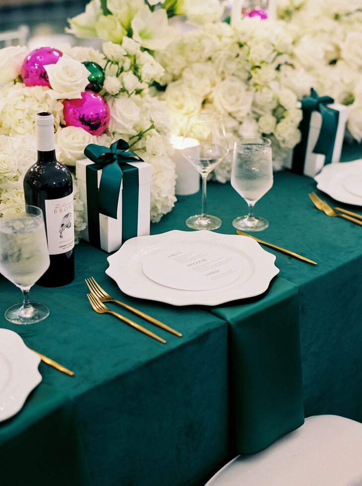 Luxurious Christmas Place Setting With Wedding Favor Gifts and Wine