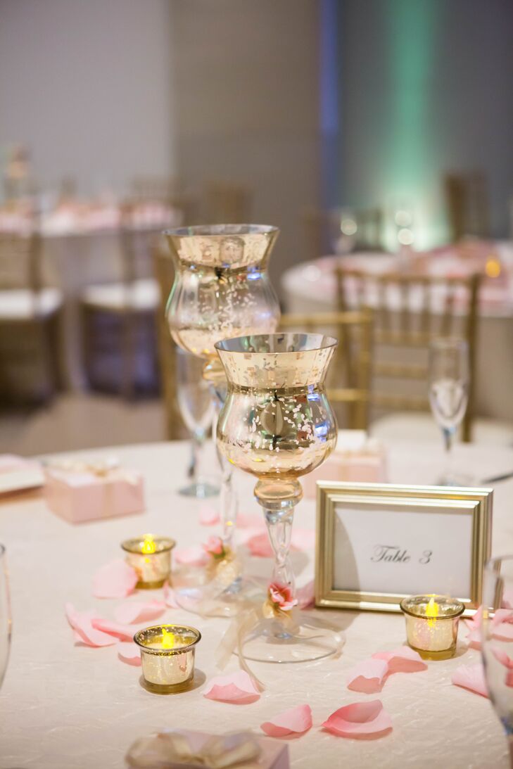 Mercury Glass Candleholder Centerpiece with Pink Rose Petals