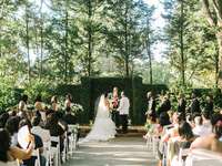 Wedding guests at formal wedding ceremony