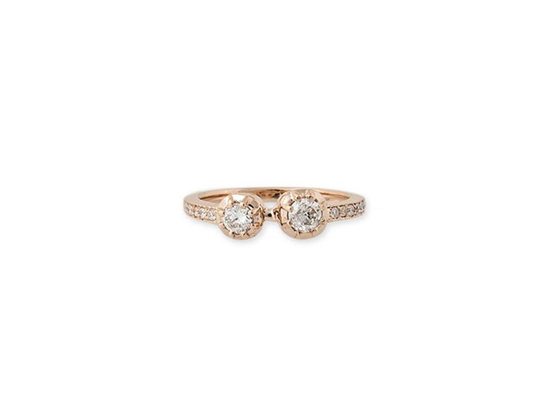 two stone ring with round diamonds in rose gold setting