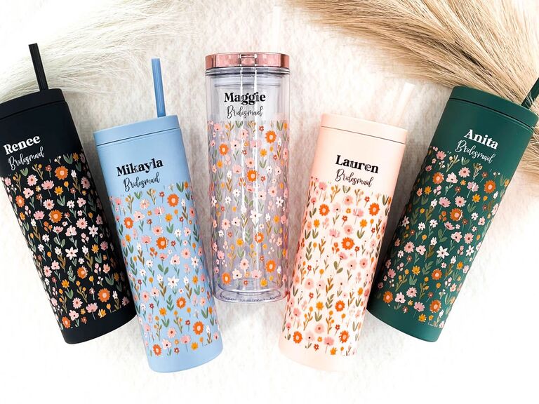 Personalized floral skinny drink tumbler junior bridesmaid gifts