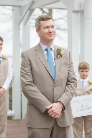 Taupe Wedding Suit With Blue Tie