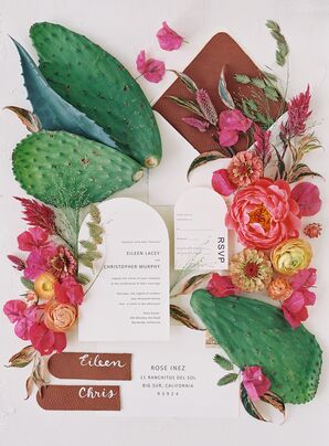 Modern Curved Invitation Suite Styled With Cacti and Bougainvillea
