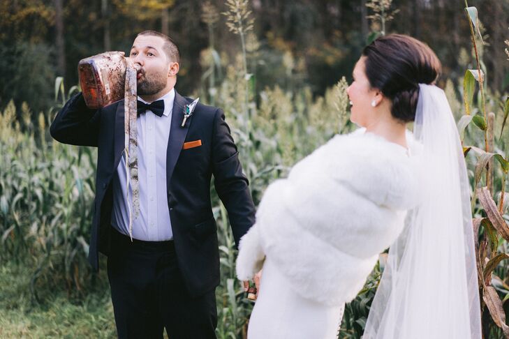 Groom Drinking Bourbon After Digging Up Buried Bottle
