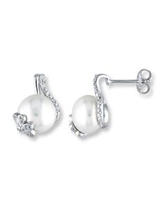 Kay Jewelers Cultured Pearl Earrings 1/10 ct tw Diamonds Sterling Silver Wedding Earring photo