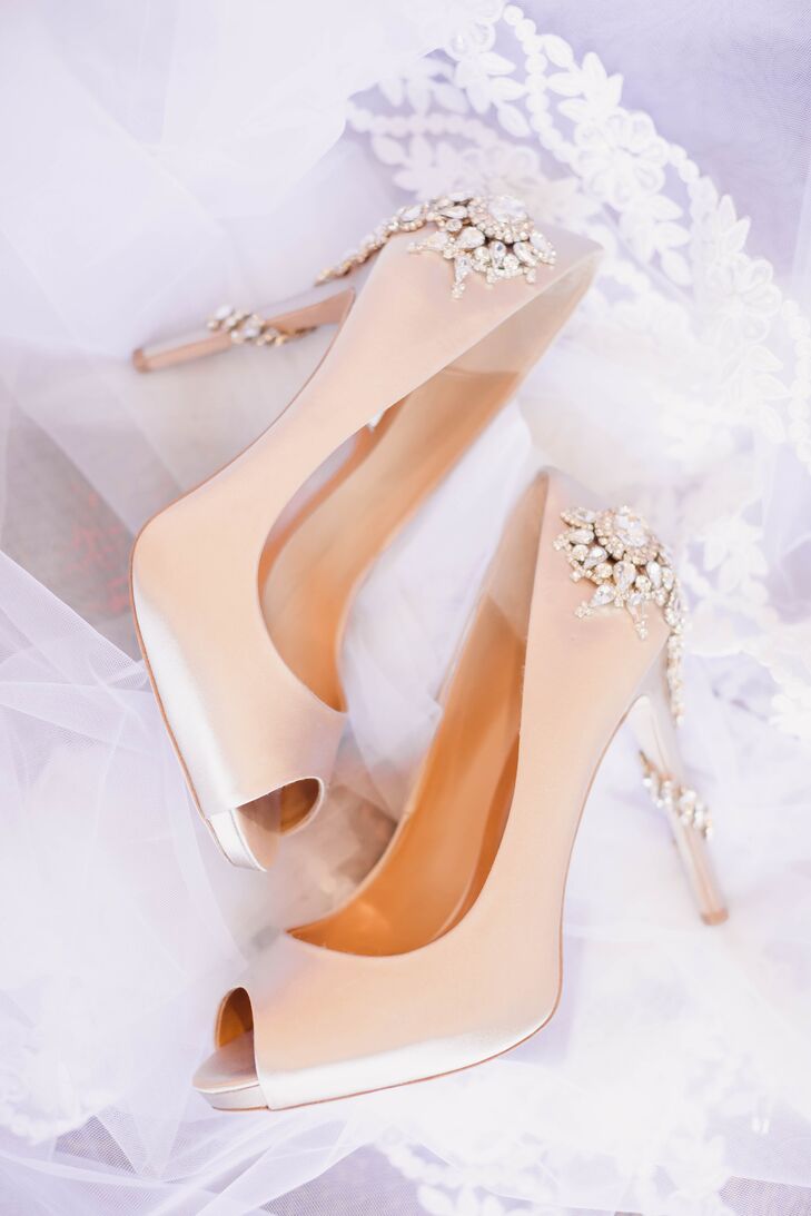 Blush Peeptoe Heels With Crystal Heel Embellishment