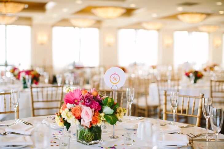 Florist Kathy Buffandeau set each table with small but powerfully colorful centerpieces.