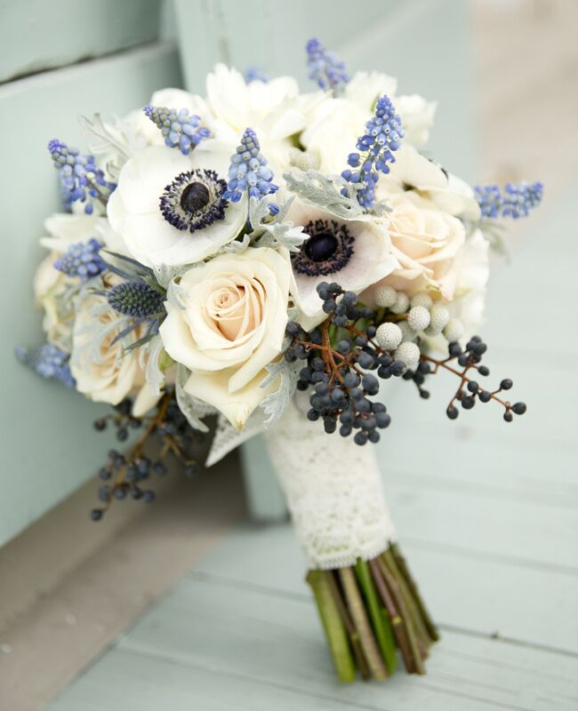Hyacinth, Blueberry and Anemone Wedding Bouquet |<img class=