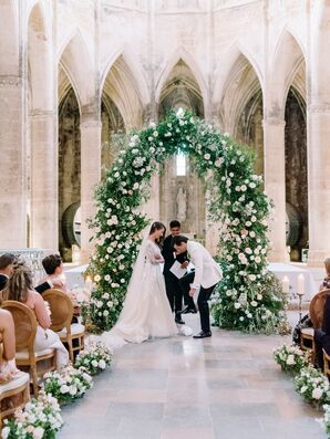 Bride With Long Veil, Groom in White Tuxedo Jacket Breaking the Glass at Historic French Venue Ceremony