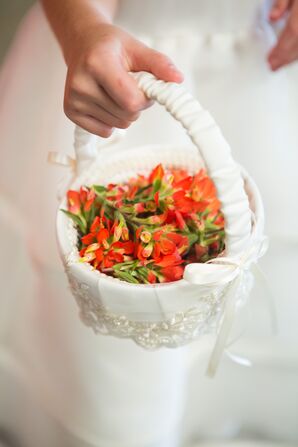 White Wrapped Flower Girl Basket With Red Blooms