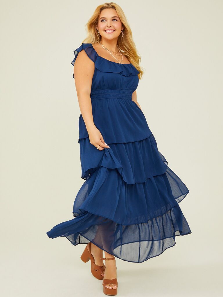 Navy ruffle plus size wedding guest dress from Arula